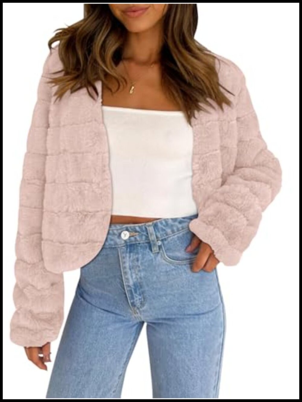 Womens Faux Fur Cropped Jacket Long Sleeve Open Front Shawl Coat Fall Winter